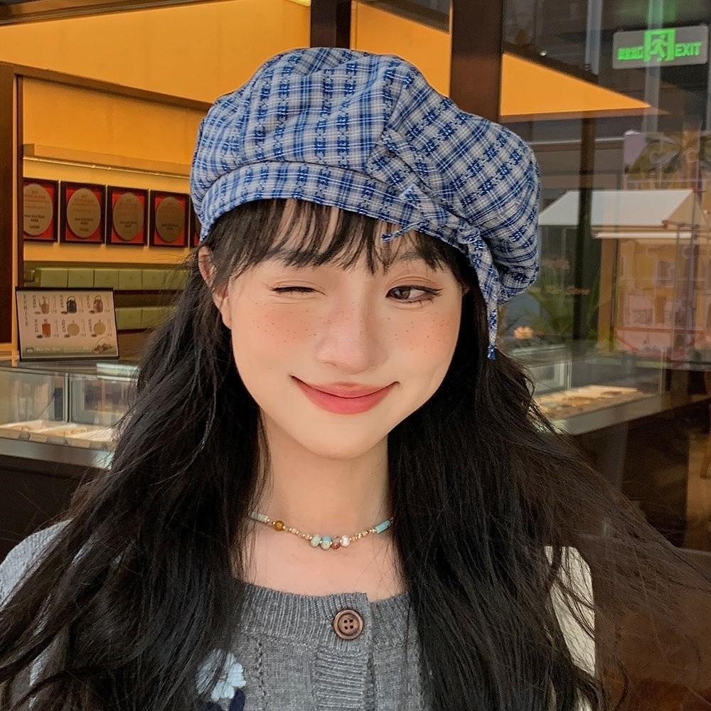 Korean Style Plaid Beret Hat Keep Warm Women Octagonal Cap Simple Women Painter Hat  All-match