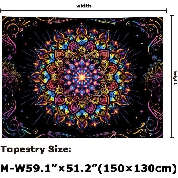Amtoodopin Blacklight Mandala Tapestry UV Reactive Psychedelic Neon Tapestry Hippie Indian Bohemian Wall Tapestries Aesthetic Floral Tapestries Wall