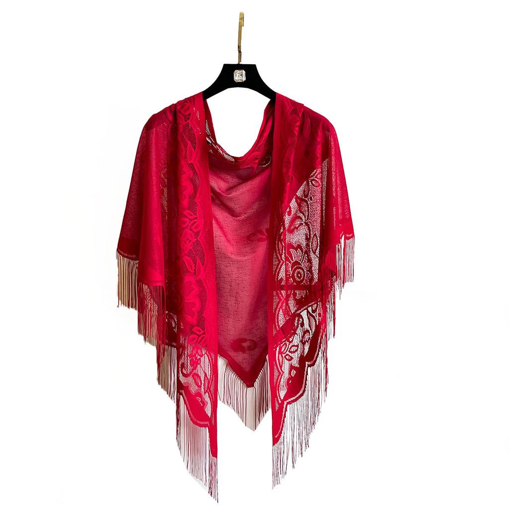 Solid Color Velvet Triangle Scarf Lace Hollow Out Fringe Shawl Breathable Fashion Wrap Cover‑Up Women