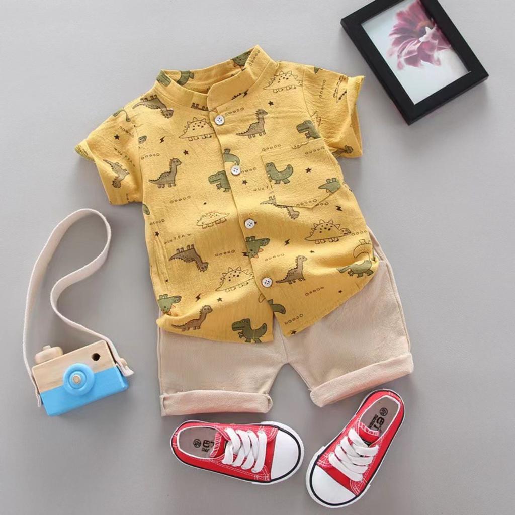 Summer Printed Pyramid Shirt Short Sleeved Shorts Set for Male and Female Infants and Young Children
