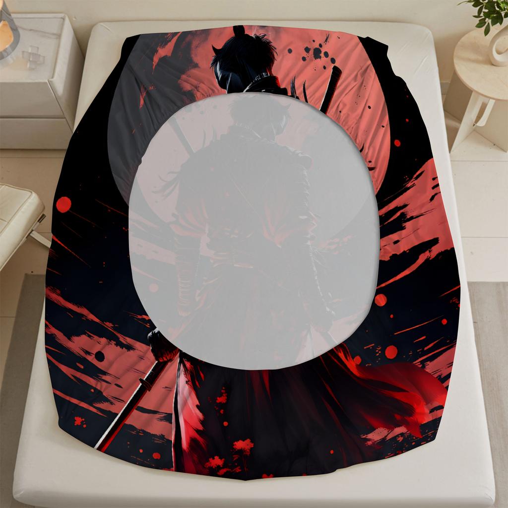 3pcs Fitted Sheet Set Samurai Warrior 3D Printed Red Moon And Shadow Bed Sheet With Pillowcases For Bedroom Decor