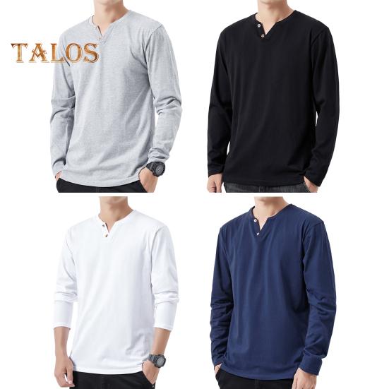 Men Fall Spring Top Buttoned V Neck Long Sleeves Pure Color Loose Pullover T-shirt Daily Wear Sport Homewear Clothes