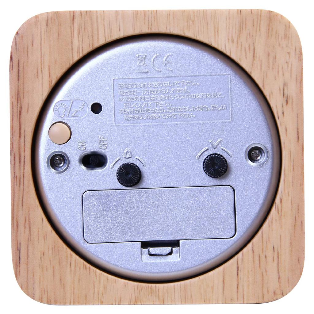 Fuji Boeki Analog Table Clock/Alarm Clock, 10.2cm Wide, Natural Wood, Quiet Alarm, with Light, Tabletop, Square, Wood, 36696