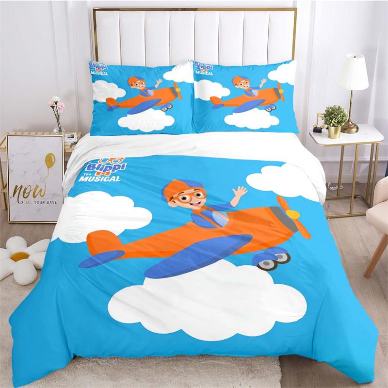 Blue & Orange Kids Character Elements Print Bedding Set, Cute Bow Tie Glasses Pattern Duvet Cover Set(1 * Duvet Cover + 2 * Pillowcase, Without Core)