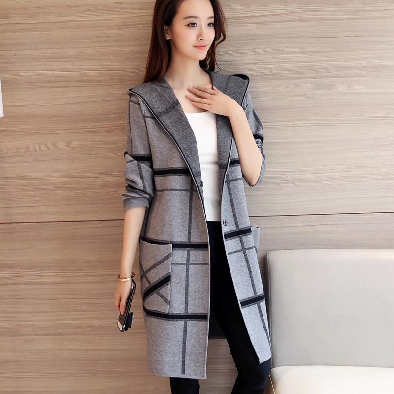 Knitted cardigan women's medium and long fashion outfit spring and autumn new autumn and winter loose plaid sweater jacket