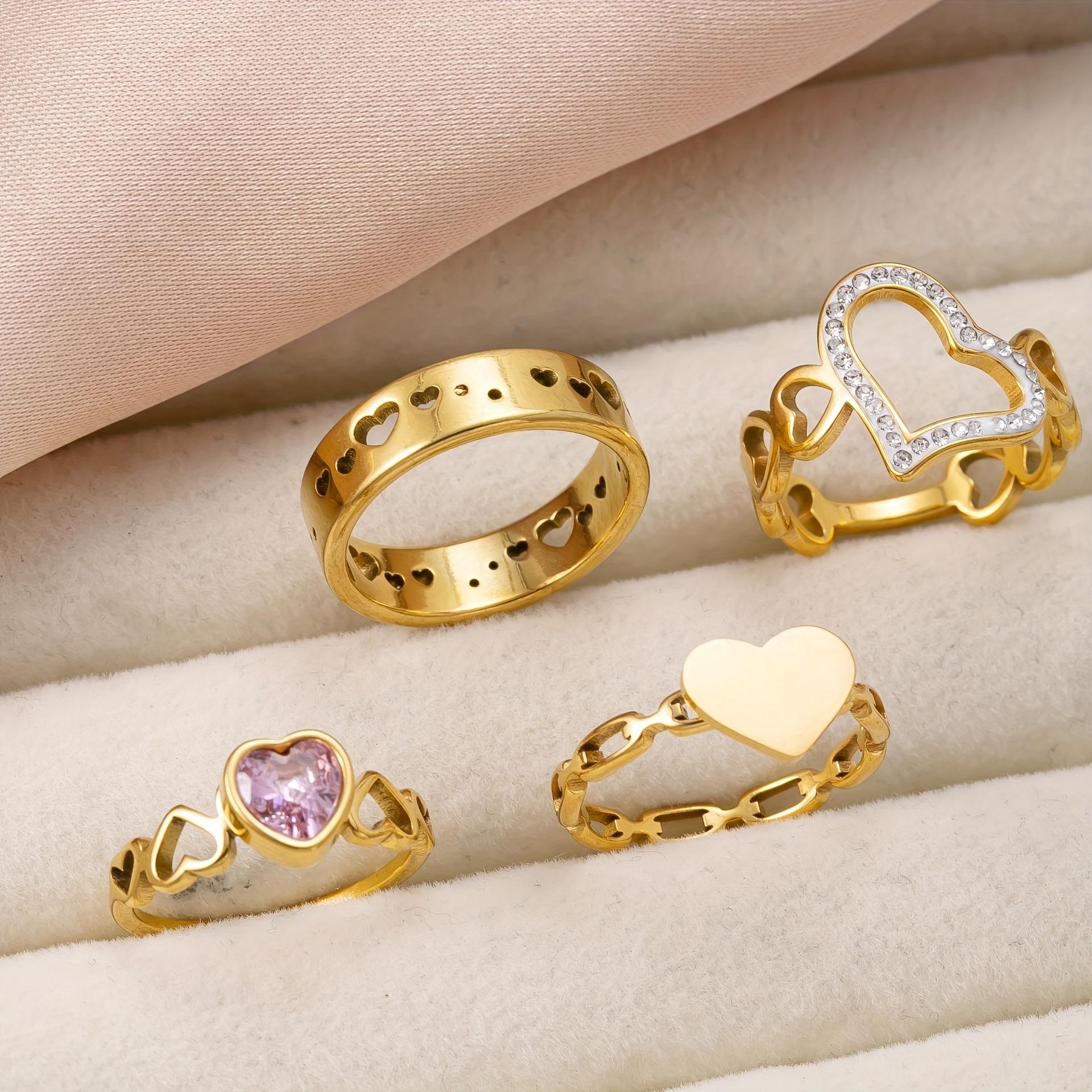Stainless Steel Hollow Heart-Shaped Fashionable and Elegant Ring Set 4Heart-shaped ring set