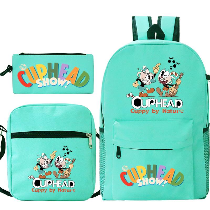 Cartoon Teacup Head Cuphead Student Backpack Oblique Span Bag Pencil Bag Primary And Secondary School Students Children'S Schoolbag Three-Piece Set