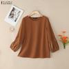 ZANZEA Women Casual Round Neck Loose Splice Long Sleeve Blouse
