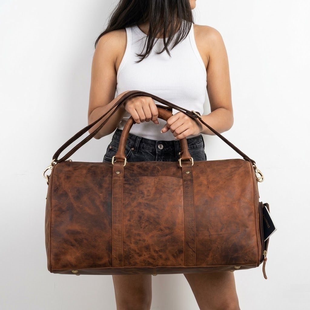 Mala Duffel de Couro de Vaca Personalizada:" Bolsa de Viagem Weekender
