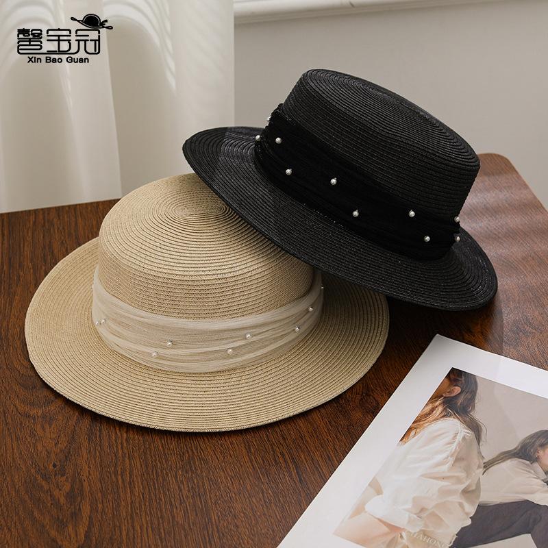 Lace pearl yarn with sun hat summer outdoor outing seaside beach big brim sun protection straw hat children