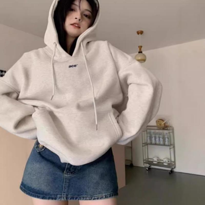Autumn Winter Vintage Loose Casual Drawstring Hooded Sweatshirt Women Simple Fashion Print Pullover Hoodies Top