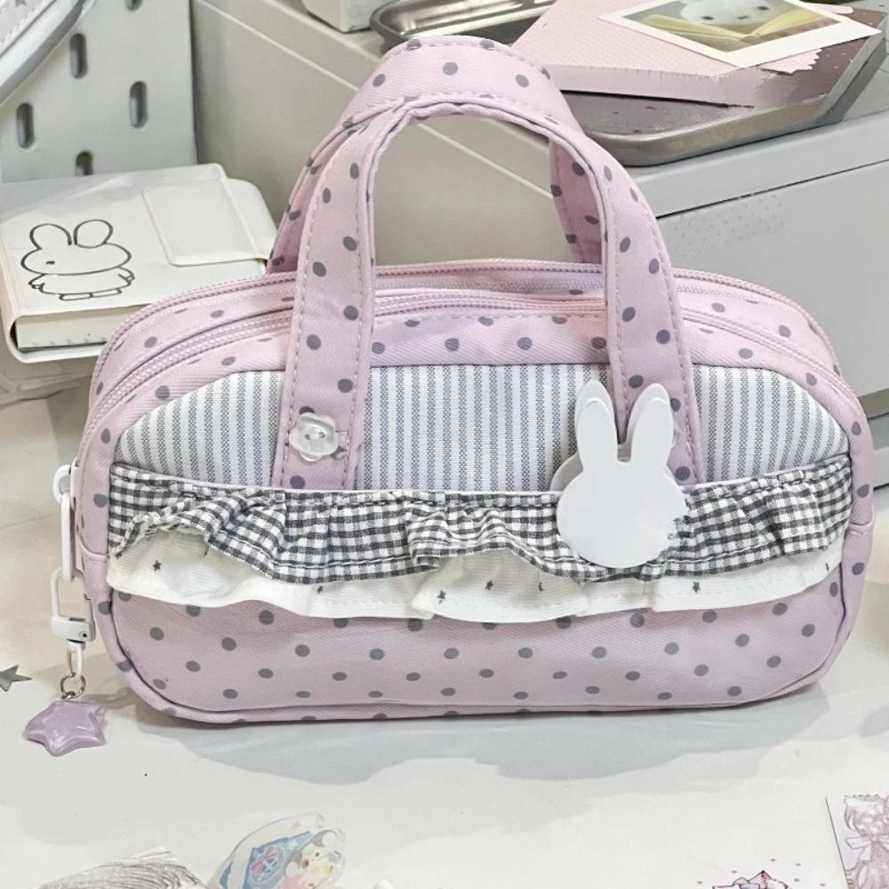 Pink Plaid Polka Dot Pencil Case Large Capacity Multi-Layer Pen Pouch for Middle School Girls Handheld Stationery Organizer