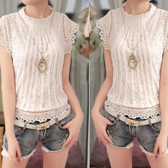 Plus Size Women Fashion Lace Crochet Short Sleeve Round Neck Blouse Shirt Top
