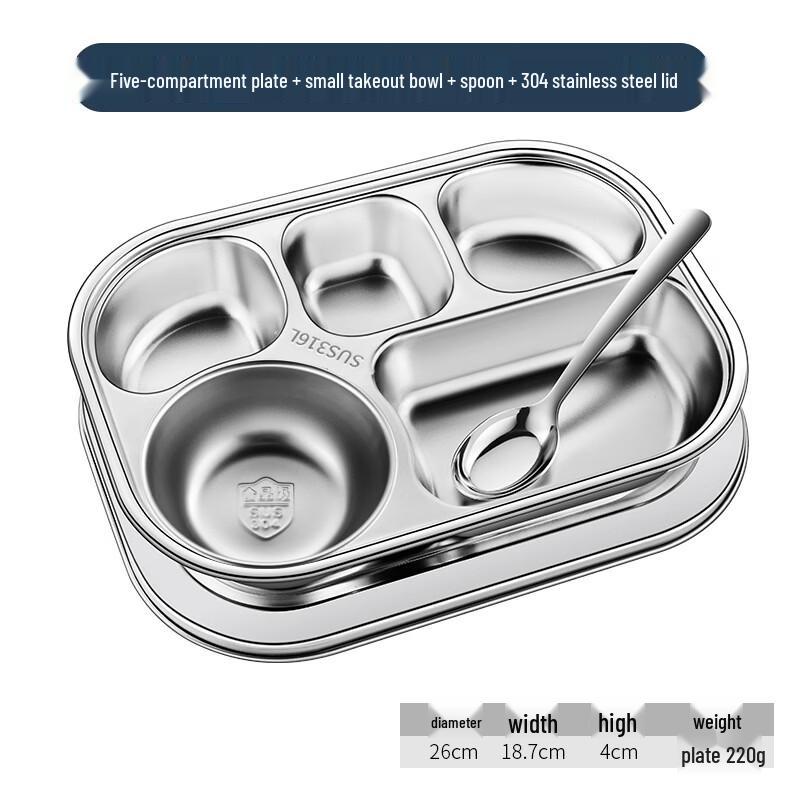 316 Stainless Steel 5-Compartment Divided Lunch Plate Set