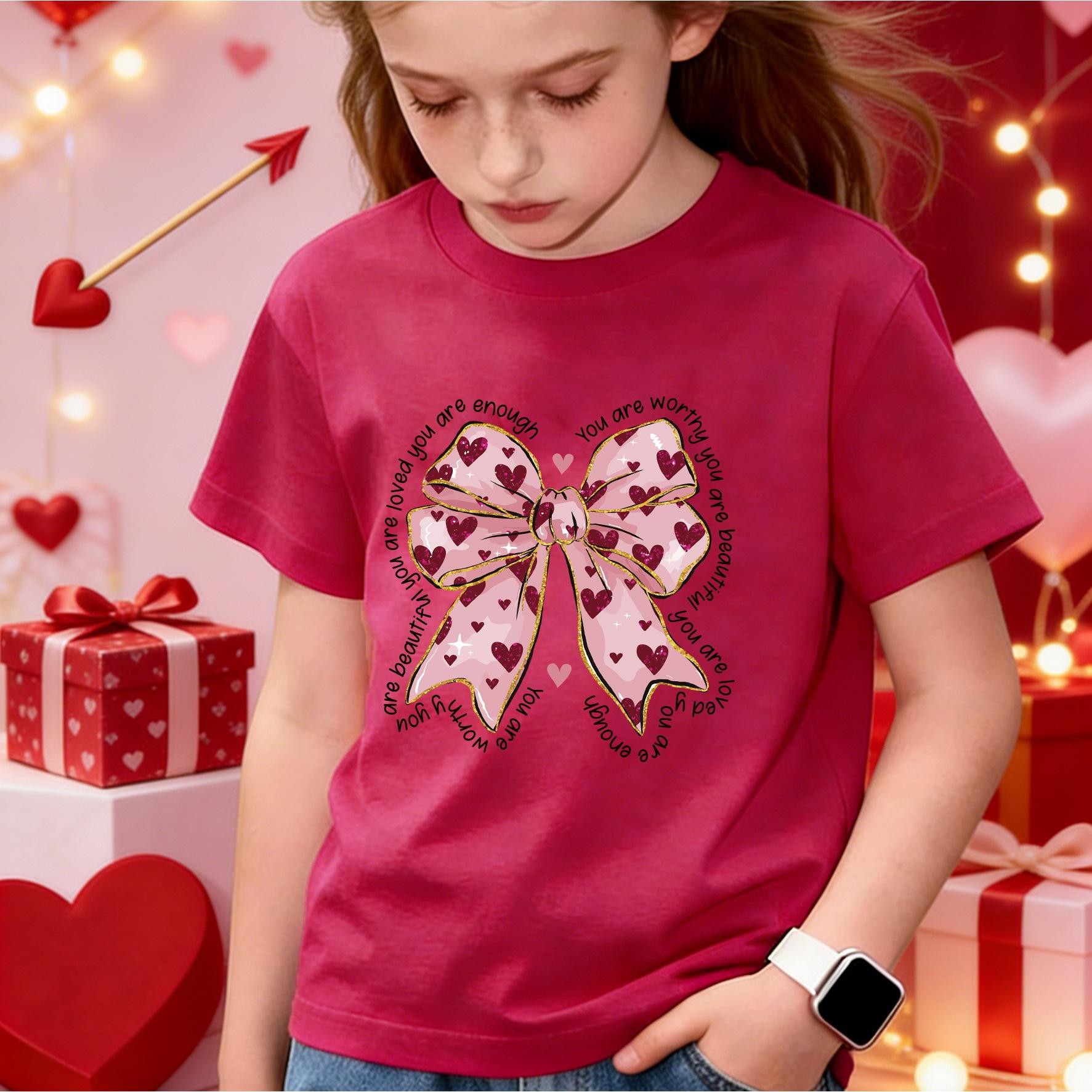 

Girls Casual Bow-patterned T-shirt for Summer, Fashionable Short-sleeved Children s T-shirt 11-12Y рожевий червоний колір
