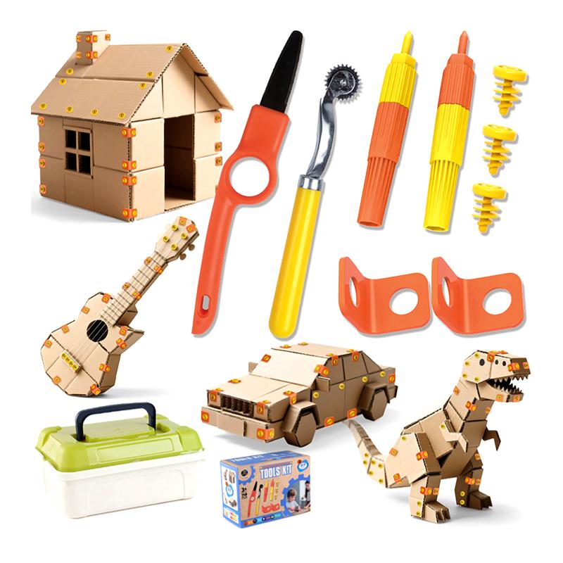 Kit Giocattolo Fai-da-te in Cartone con Viti, Taglierino e Cassetta degli Attrezzi per Bambini Piccoli, Giocattoli Educativi, Giocattoli Interattivi Genitore-Figlio, Regali per Bambini
