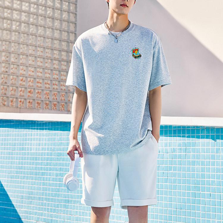 Anta Cartoon Letter Print Round Neck Short Sleeve T-Shirt Unisex Tops Gray 972328108-2