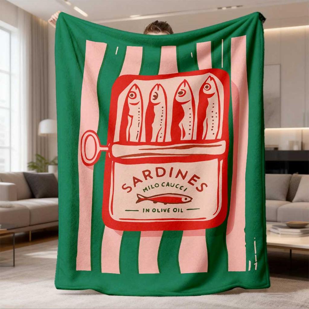 2026 New Arrival Flannel Blanket Wild Olive Oil-Infused Sardine Canned Illustration Flannel Blanket Easy To Spread And Long-Lasti