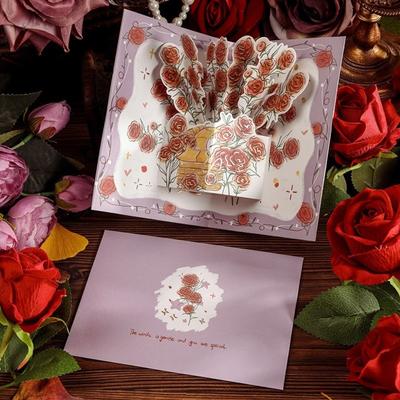 Creative Pop Up Love 3D Greeting Card with Envelope Rose Valentine's Day Card Flower Thank You Card Happy Birthday