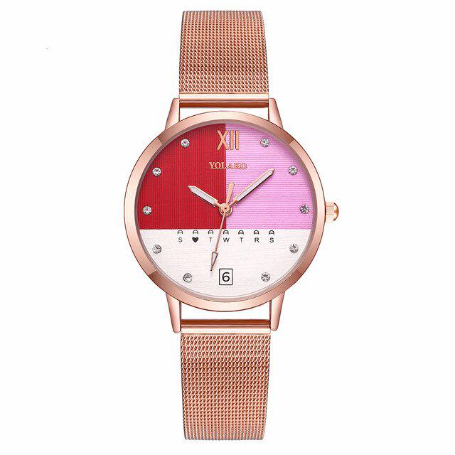 Mode Frauen Rose Gold Edelstahl Mesh Gürtel Doppel Farbe Uhr Luxus Damen Quarzuhr