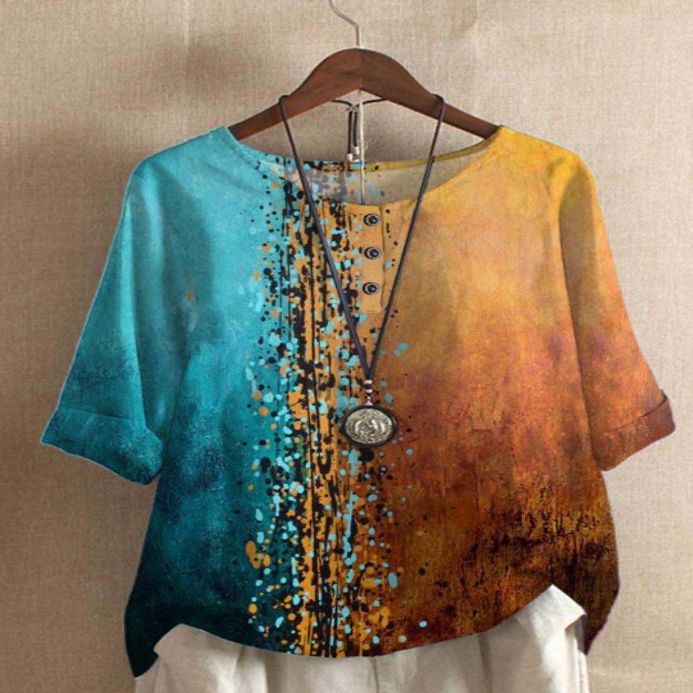 Ethnic Style Women's O-neck Digital Vintage Print Loose Shirt Half Sleeve Blouses Tops Women Harajuku Casual Pullover
