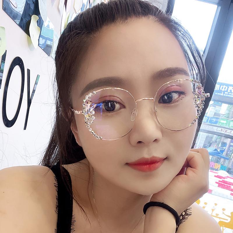 Rhinestone Anti-blue Glasses for Women Anti-fatigue Protection Without Makeup Slimming Flat Light Glasses for No Degree Diamond Inserts