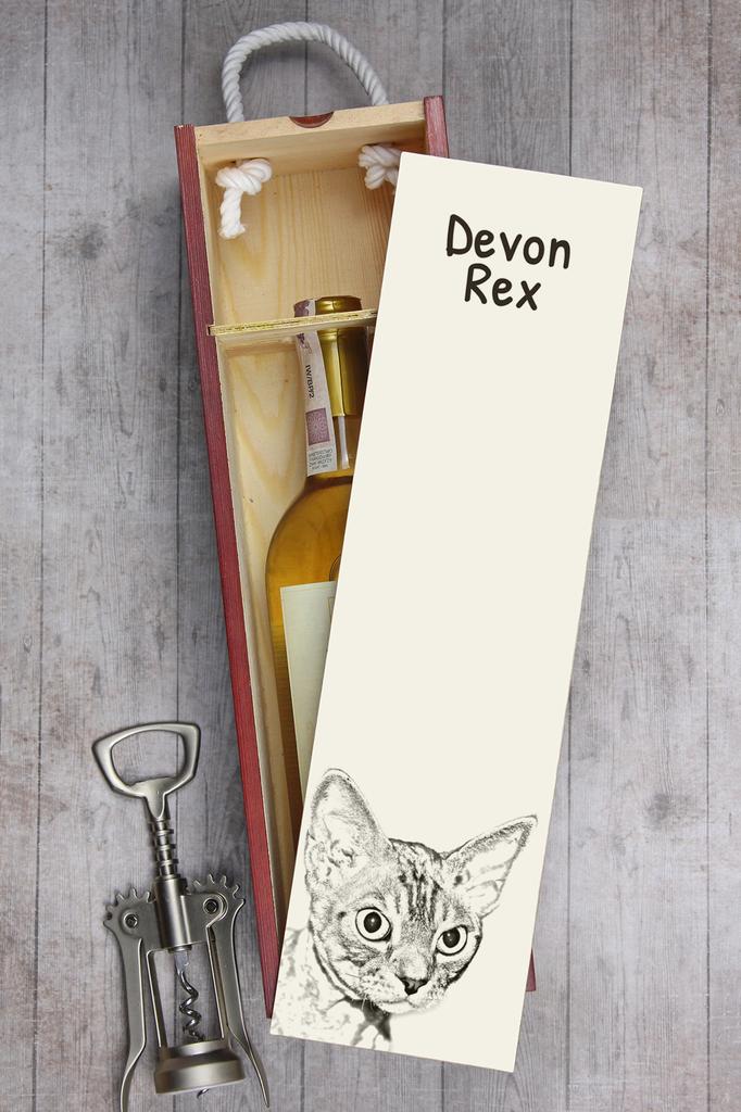 Devon Rex - Wine Box with a Cat, Alcohol Box with Graphics, Personalized Gift Box from the Art-Dog Brand
