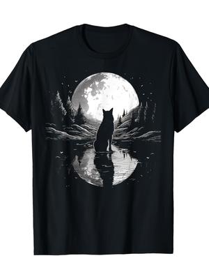 Wolf Vollmond Fluss Spiegelung Grafik T-Shirt Weich Atmungsaktiv Lässiges Baumwoll-T-Shirt