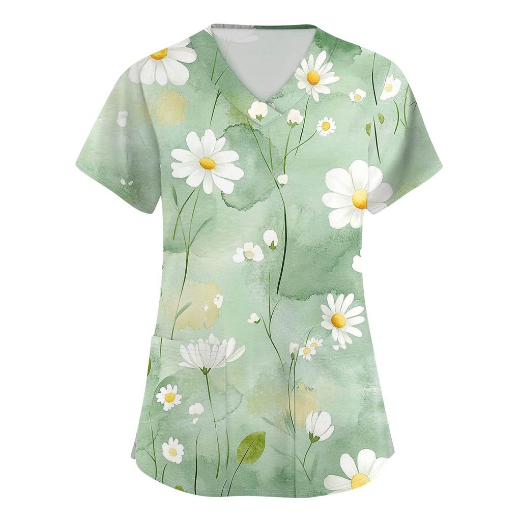 Women's Fashion Printed  Short Sleeve Care Workwear With Double Pockets Top