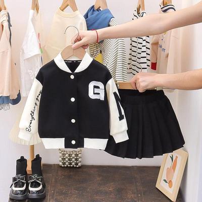 Mädchen-Baseball-Shirt-Set, langärmelig, Jacke + Faltenrock, zweiteiliges Set