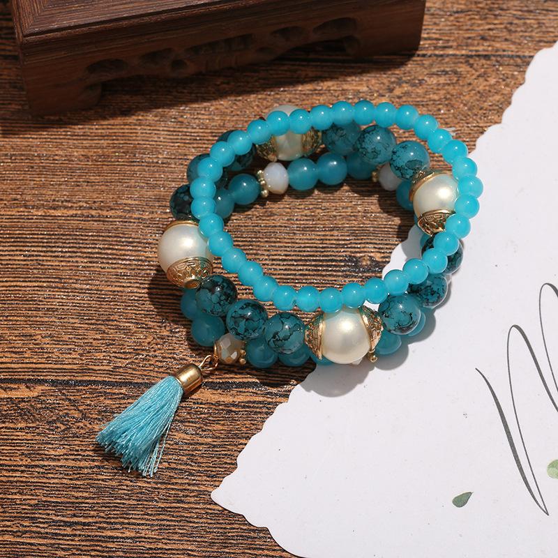 Bracelet Perlé Multicouche, Bracelet Polyvalent Personnalisé à Pompon en Résine, Bijoux Bohémiens Génération