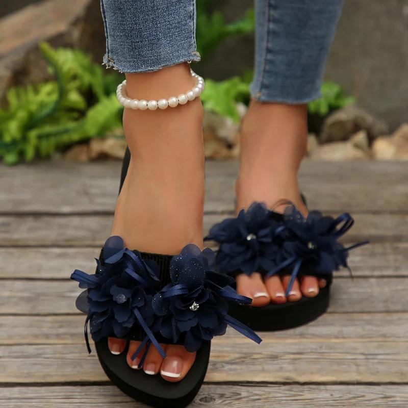 

Fashion Fashion Flower Wedges High Heel Home Slippers Women Summer Thick Sole Pull On Shoes Ladies Beach Casual Flat Slippers Mujer 42