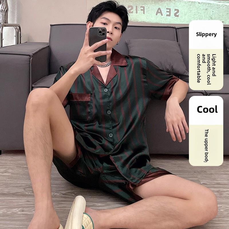 Men's Plus Size Silk-Feel Summer Pajama Set - Short-Sleeved Lapel Cardigan & Shorts