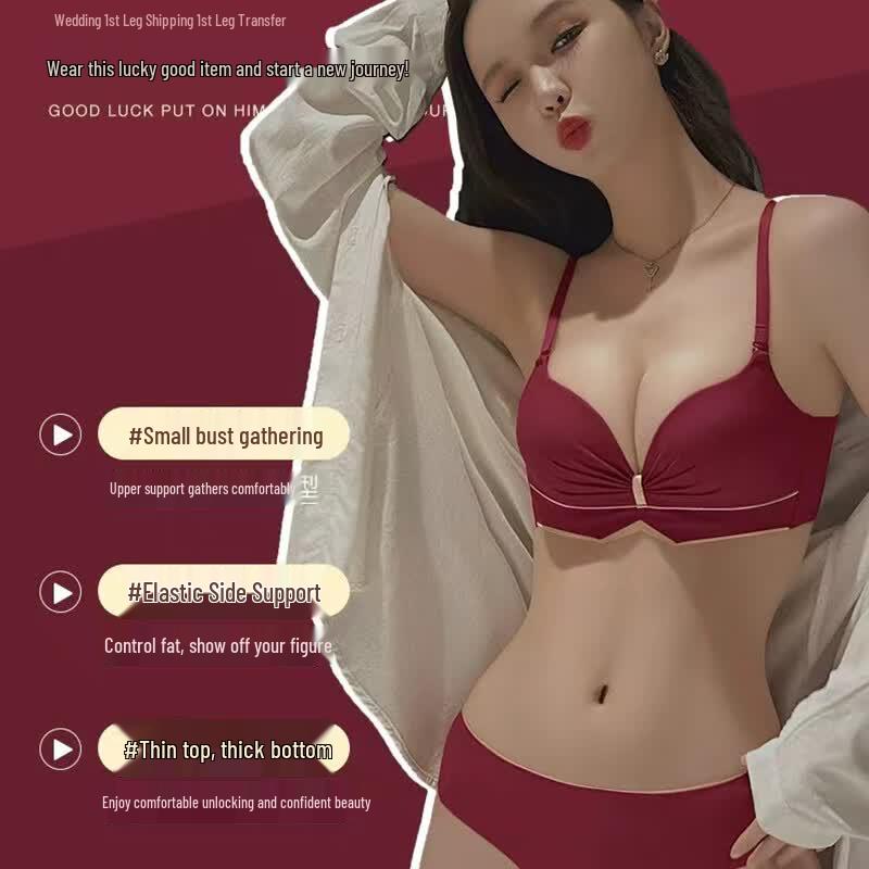 Langsaha Women's Red Wireless Push-Up Bra Set
