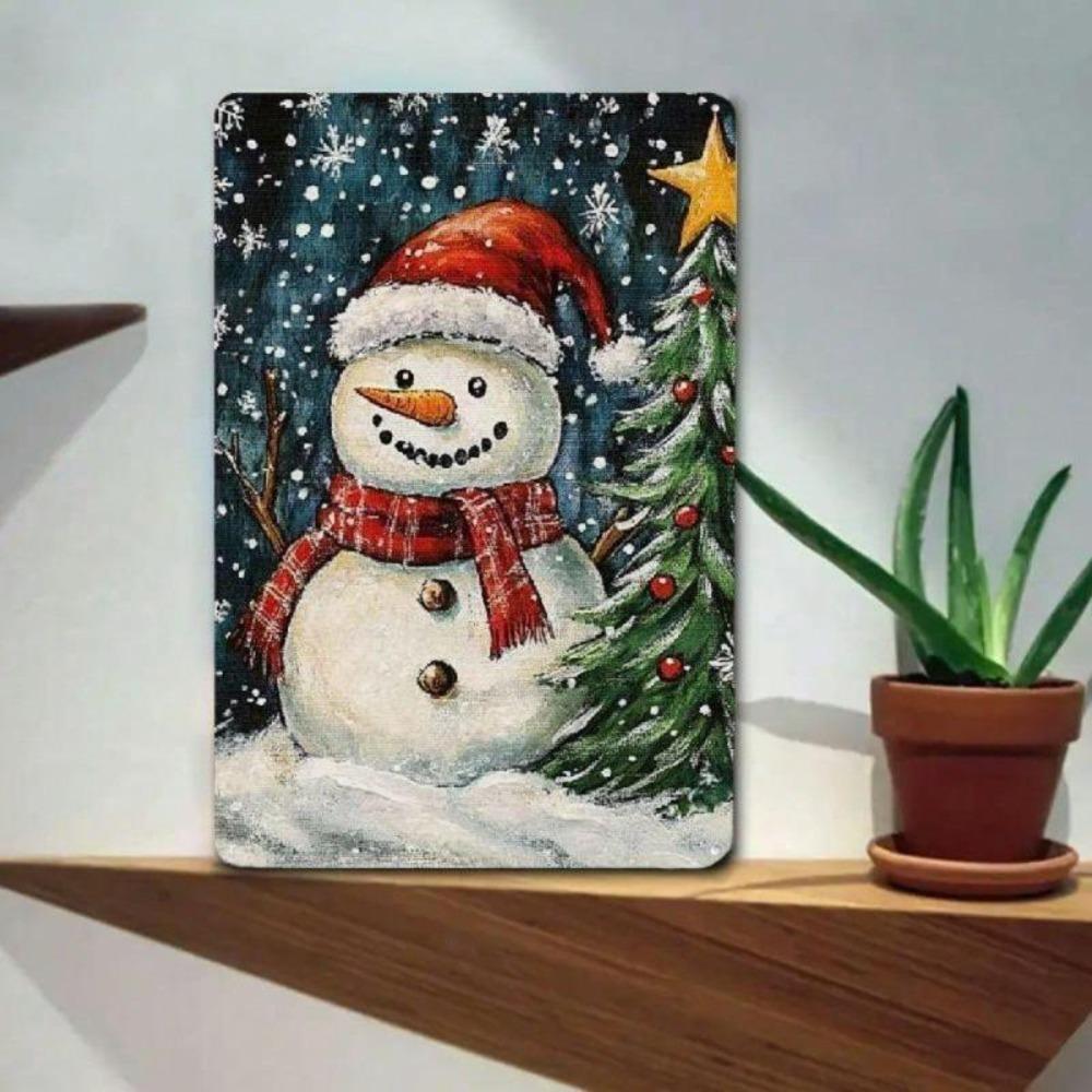 Vintage Snowman Christmas Tree Tin Metal Sign 12x8 Inch Holiday Wall Decor
