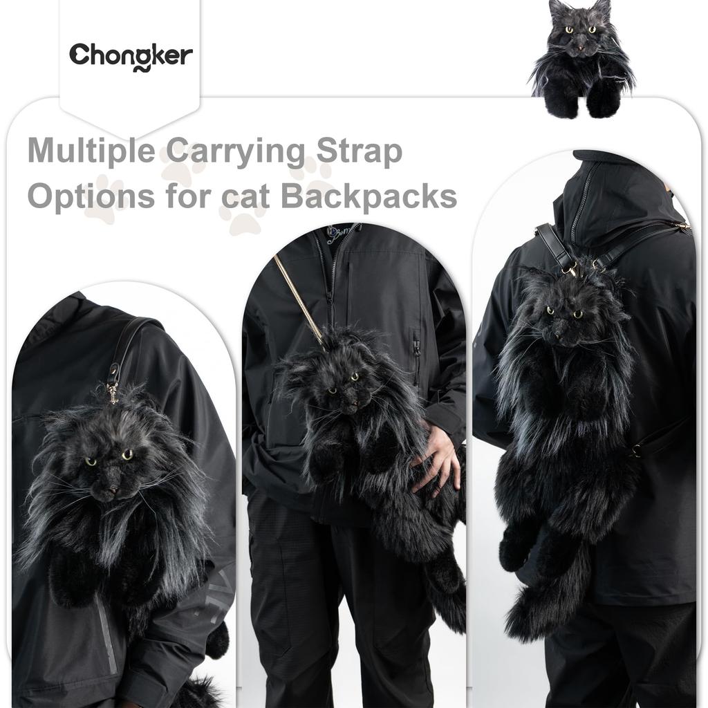 Chongker Handmade Realistic Cat Plush Toy a Gift for Pet Lovers and Women Maine Backpack, (Black Cat)