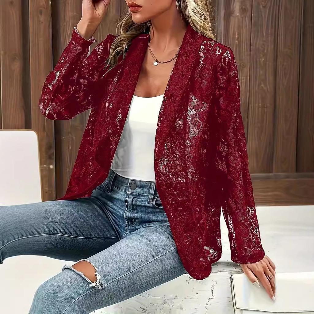Women's Floral Lace Lapel Open Front Long Sleeve Elegant Cardigan Blazer Casual Outerwear Coat