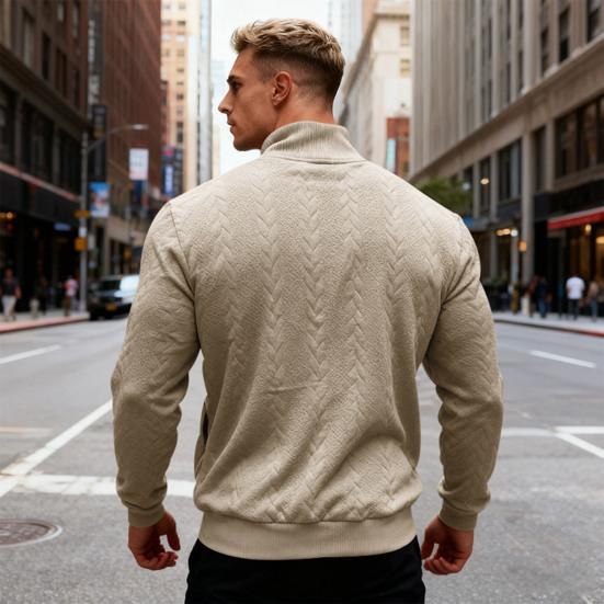 Men Sweatshirt Stand Collar Zipper Half Placket Long Sleeve Pullover Tops Solid Color Jacquard Design Sport Tops Streetwear