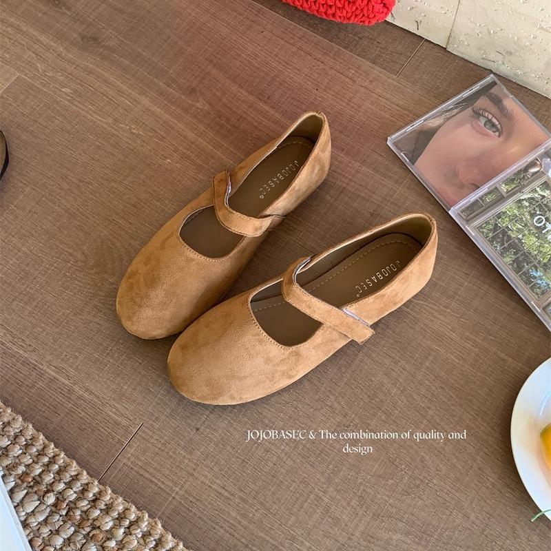 French retro suede ballet single shoes women's 2025 autumn new Korean version one-word strap flat Mary Jane women's shoes