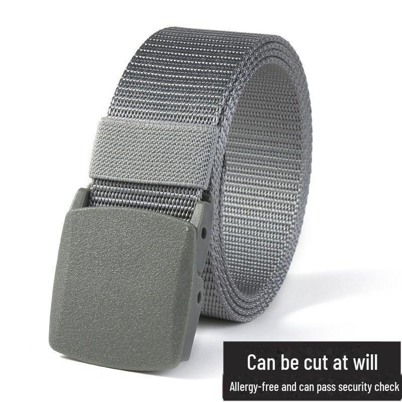 Ikke-metallisk sikkerhetsbelte i nylon med plastspenne, svart lerret og denimforlengelse, for utendørs bruk