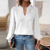 Women Short V-Neck Half Open Collar Lace Stitching Long-Sleeved Shirt Solid Color Loose Fit Pullover