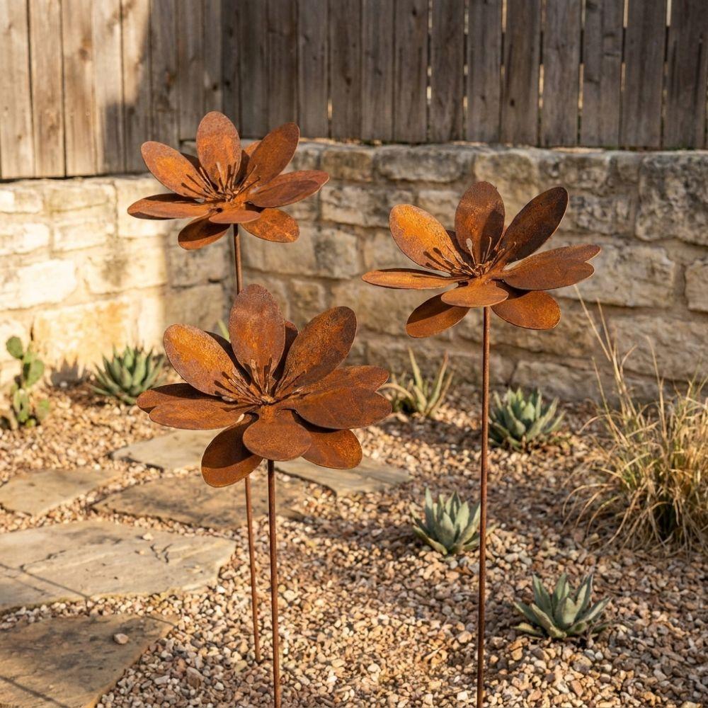 Vintage Metal Floral Stake Cast Iron Flower Yard Art Decor Rustic Plant Stakes Outdoor Use