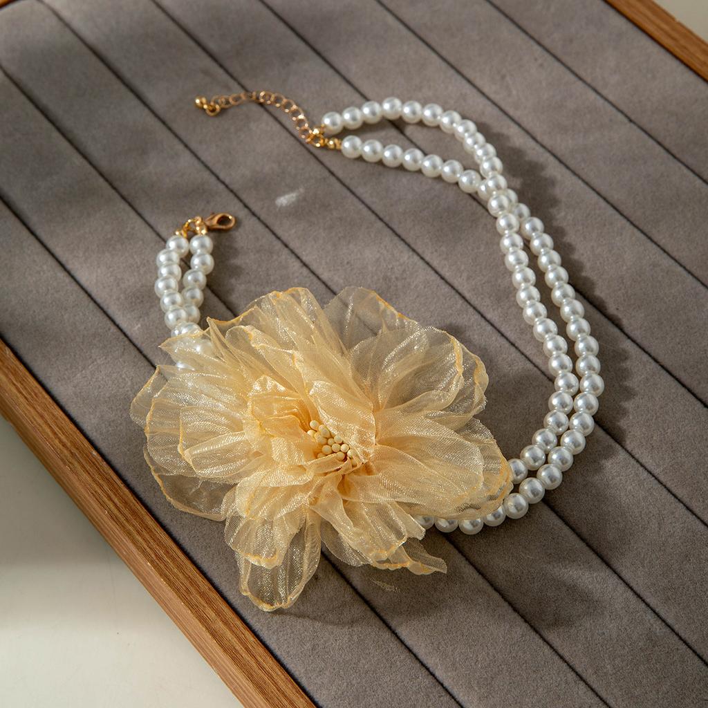 Accessories, French Elegant Pearl Necklace, Sweet Fabric Mesh Flower Collarbone Chain Necklace