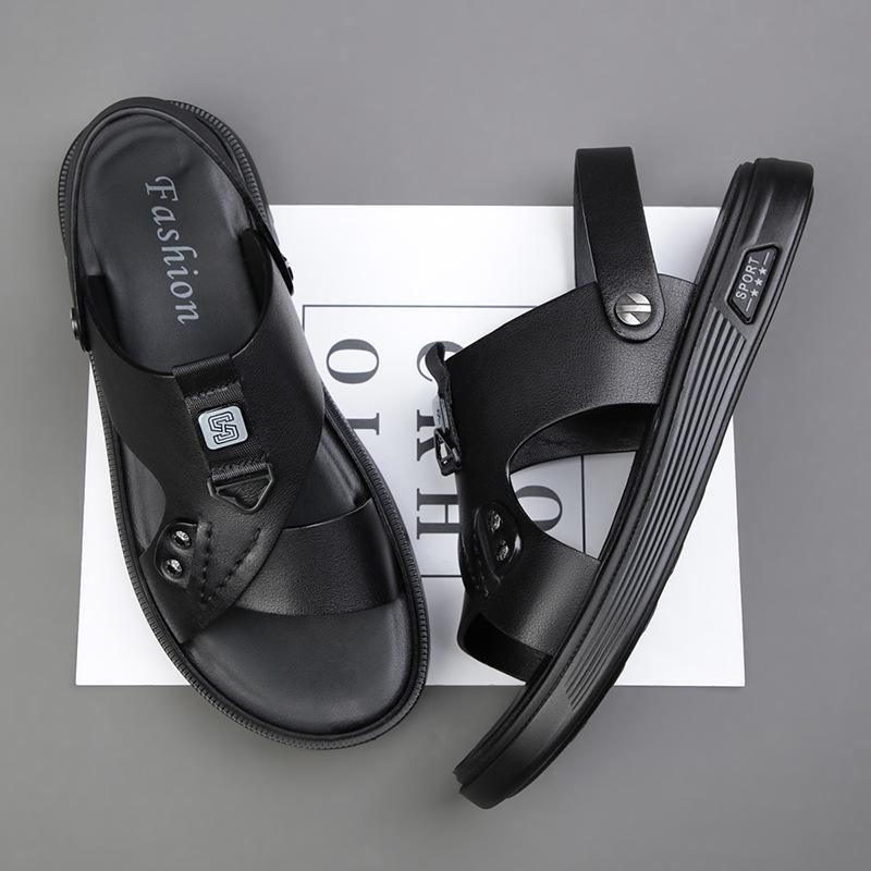 Sandals men's 2025 summer new leather casual beach shoes outdoor men's sandals fashion cowhide men's shoes slippers