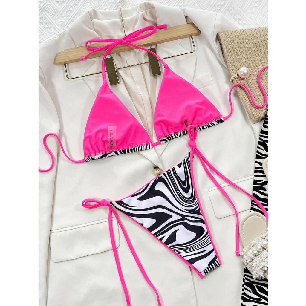 Bikini Sexy a Stampa Zebra Donna 2 Pezzi Triangolo Borsa Costume da Bagno Fascia Fluorescente Schiena Scoperta Costume da Bagno Vita Bassa Costumi da Bagno 2026