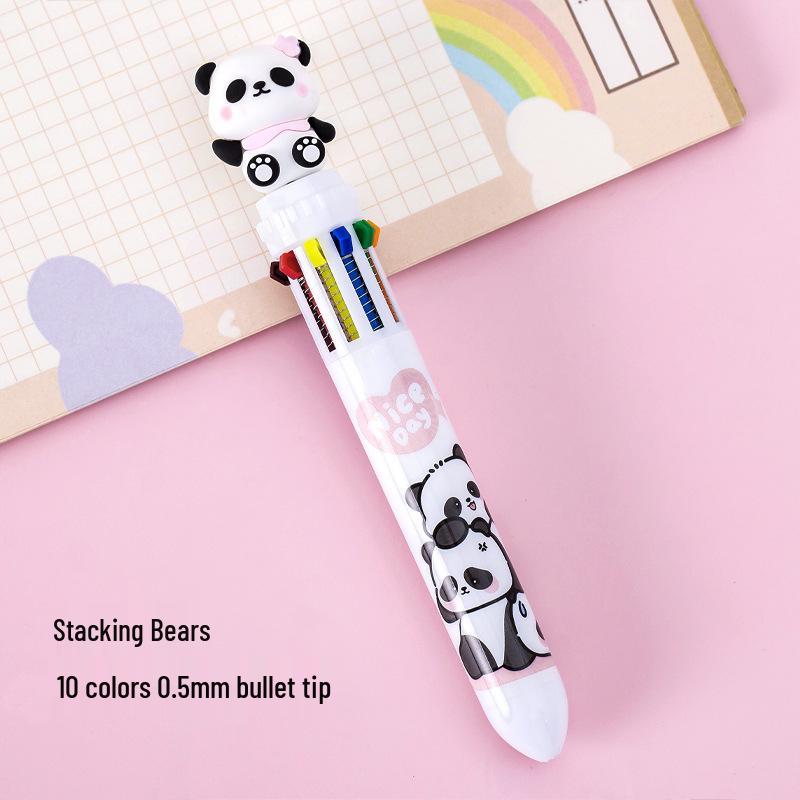 Panda-Themed 10-Color Ballpoint Pen for Students: Cute Push-Button Multicolor Journal Pen