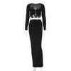 Solid Metal Buckle Two Piece Set Party Dress Women Sexy Ruched Strapless Long Sleeve Crop Top High Waist Bodycon Maxi Skirts