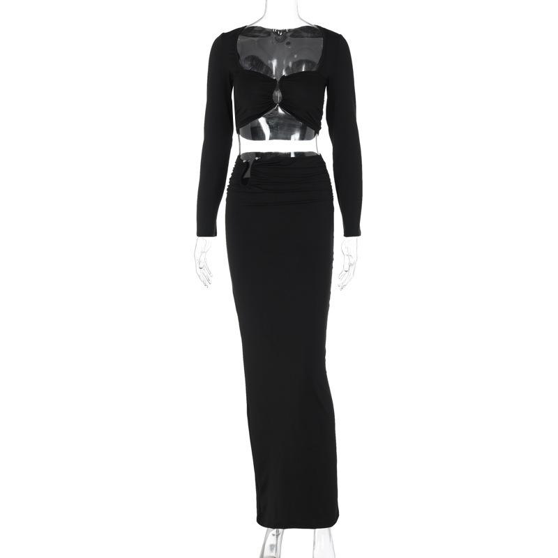 Solid Metal Buckle Two Piece Set Party Dress Women Sexy Ruched Strapless Long Sleeve Crop Top High Waist Bodycon Maxi Skirts