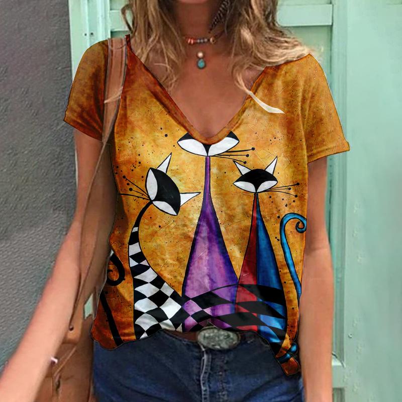 2023 Women T-Shirts Butterfly Y2k Female Tops Clothing Summer 3D Short Sleeve Print Tees Harajuku Kawaii Oversized Loose V Neck T Shirts
