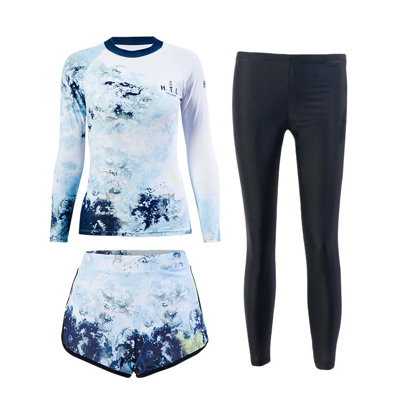 Women's Three-Piece Swimsuit: Long-Sleeve, Flat-Leg Design to Slim and Cover. Ideal for Small Busts, Perfect for Hot Springs.